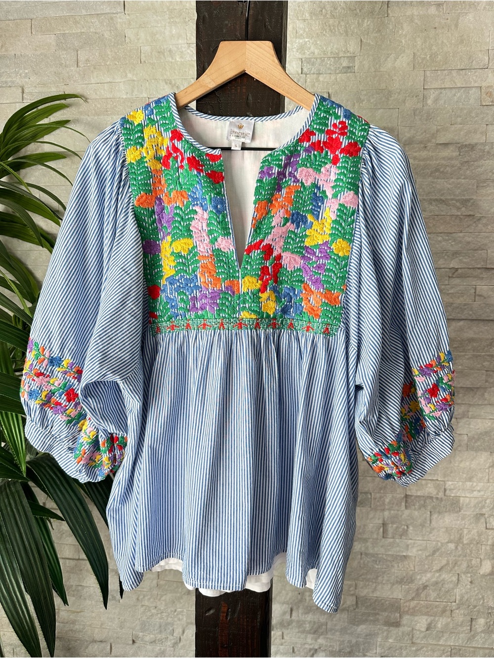 J. Marie Vibrant Floral Embroidered Stripe Blouse Size L